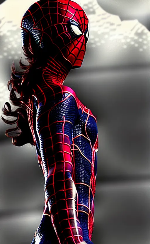 Prompt: film still of Spiderwoman standing heroic ,post apocalyptic, symmetrical