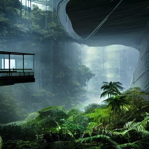 Image similar to extreme wide shot a futuristic containment building in a rainforest valley with a city in the distance, national geographic, hyper realistic, 4 k, warm light, the will to endure, artstation