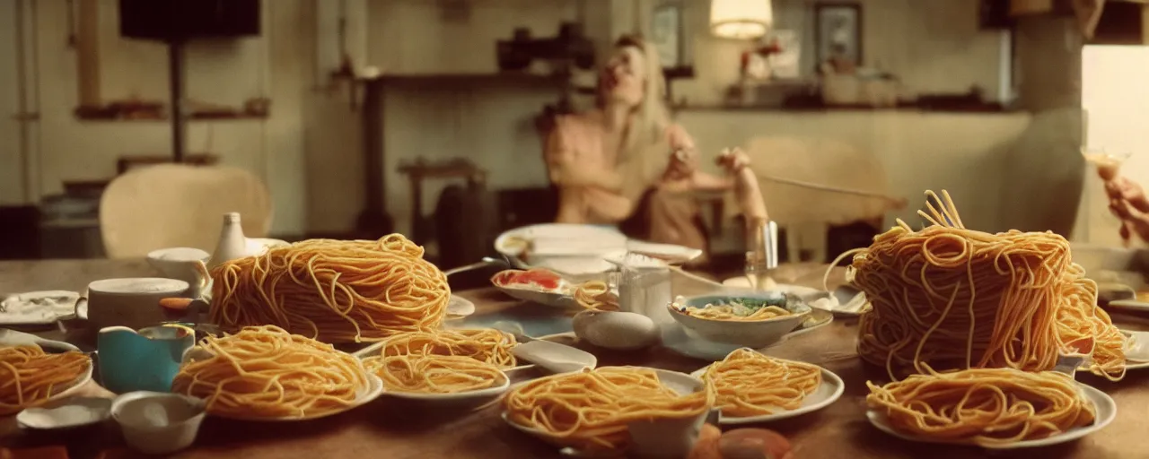 Image similar to eating spaghetti alone in front of the tv, modern era, canon 5 0 mm, kodachrome, in the style of wes anderson