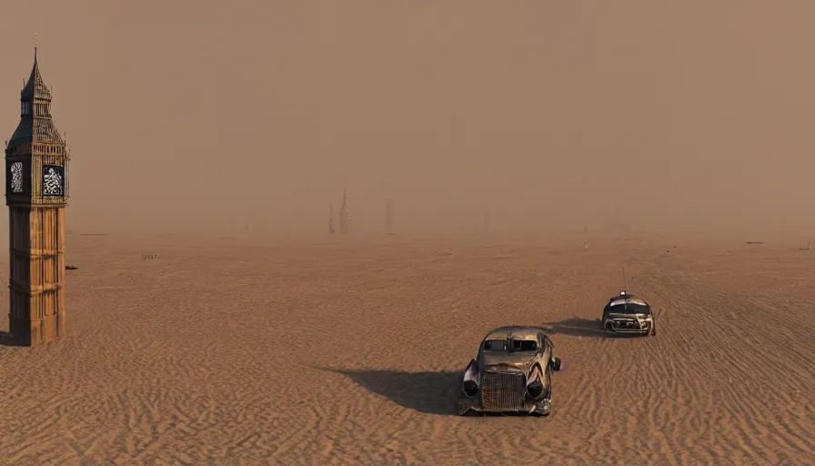 Image similar to london's big ben in mad max, tons of sand, sandstorm, sand dunes, hyperdetailed, artstation, cgsociety, 8 k