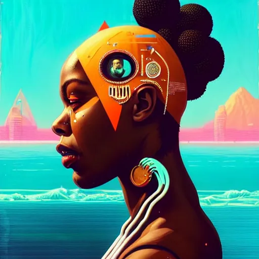 Image similar to side profile of a black woman :: blood :: background sea :: intricate details :: oxygen implant :: 8k :: simon stalenhag and Sandra Chevrier