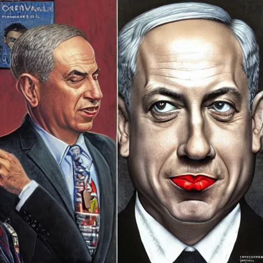 Image similar to absurdist art of benjamin netanyahu, by michael cheval and norman rockwell