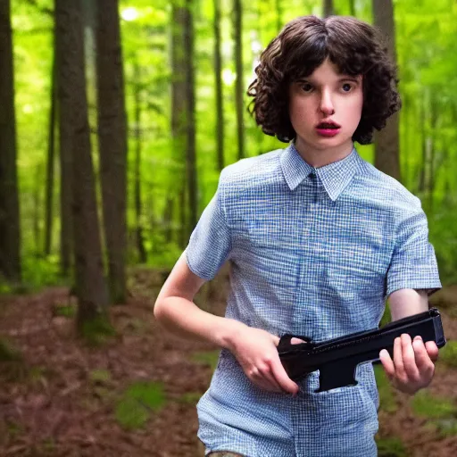 Image similar to Finn Wolfhard (Mike Wheeler) for Stranger Things holding a gun and running in a forest, dramatic lighting, cinematic, establishing shot, extremely high detail, photo realistic, cinematic lighting