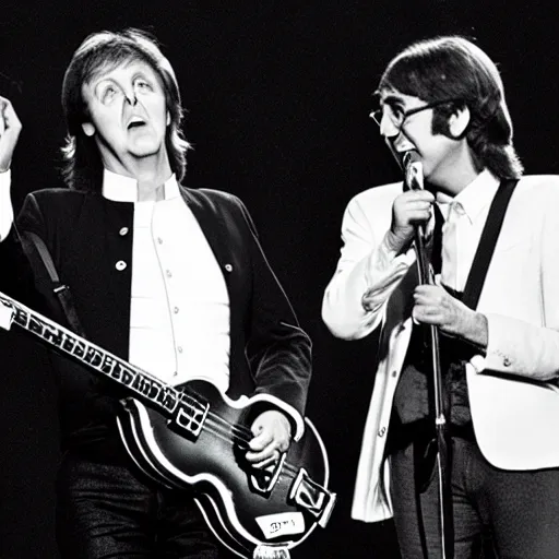 Prompt: Paul McCartney and John Lennon in concert, 2019