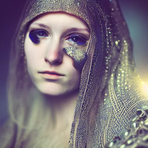 Image similar to an award finning closeup photo by a famous portrait photographer of a beautiful female bohemian cyberpunk techno rock musician aged 2 1 in filigree fractal robes