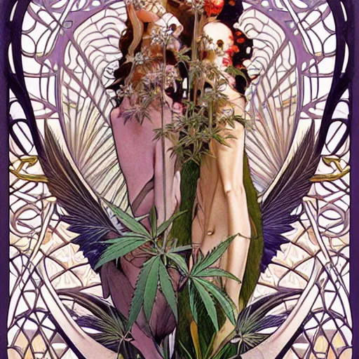 Image similar to hyper realistic, two beautiful and proud pigeon birds, majestic art-nouveau dank cannabis trees, by Range Murata and Mucha