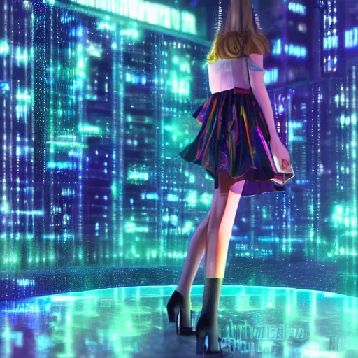 Image similar to hyperdetailed digital beautiful girl wearing a short skirt in the rain interacting with a holographic interface on a wall in a future cyber punk style city trending on art station