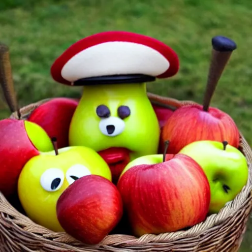 Image similar to anthropomorphic apples with mustaches and hats in a fruit basket