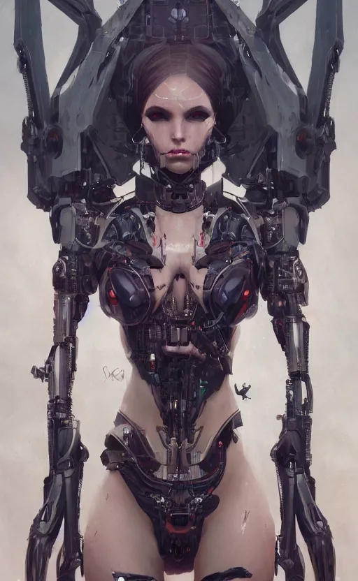 Image similar to a cyborg succubus, flawless symmetrical pretty cute face, greg rutkowski, 8 k, shallow depth of field, intricate detail, concept art,