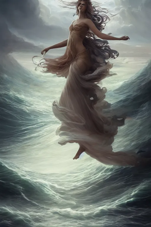 beautiful powerful water goddess clothed in a swirling