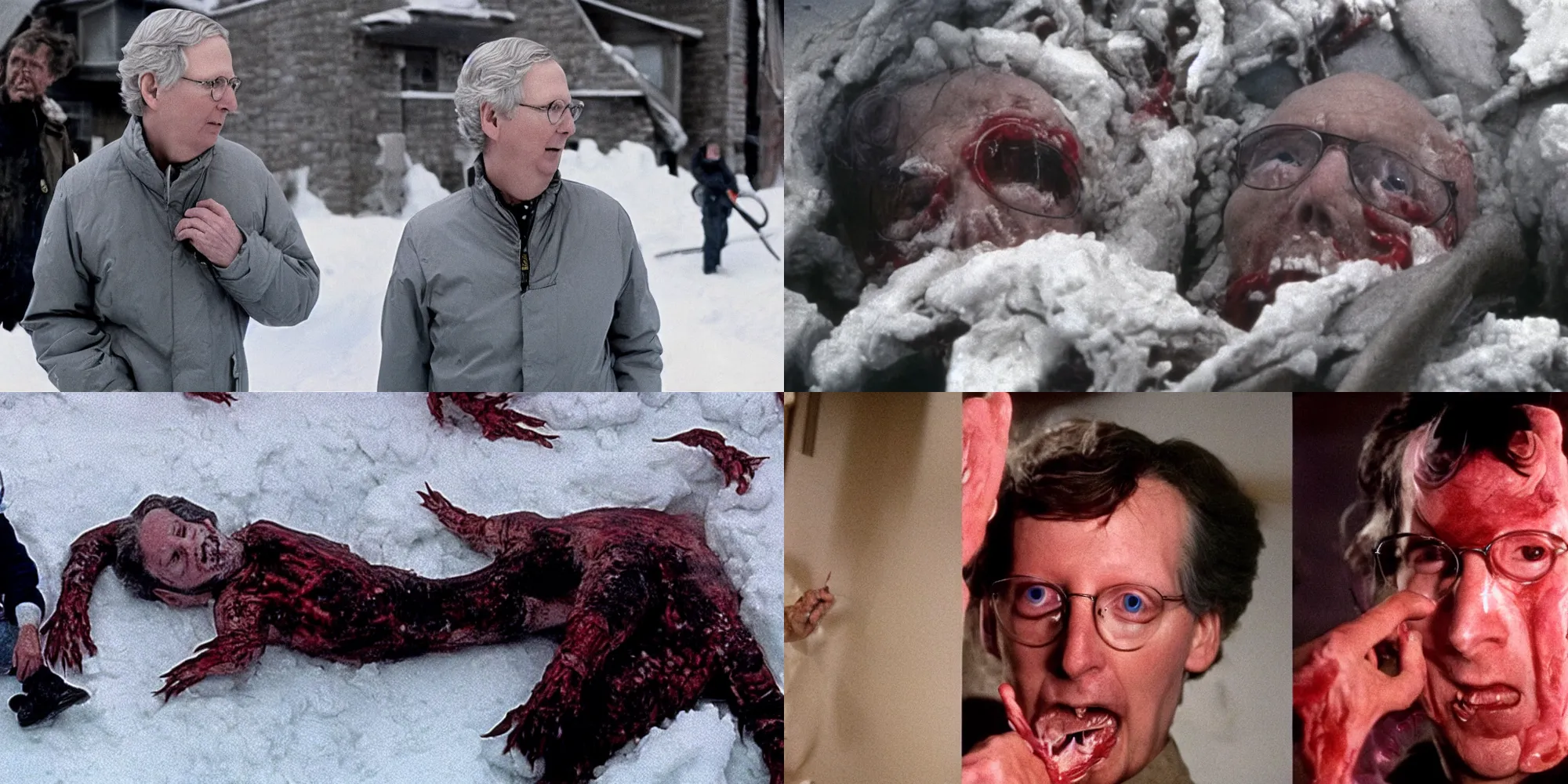 Prompt: mitch mcconnell next to ted cruz body horror in the thing ( 1 9 8 2 ) directed by john carpenter, limb mutations, swollen veins, red flesh strings, antarctica, snow, flamethrower, cinestill 8 0 0 t, 1 9 8 0 s movie still, film grain