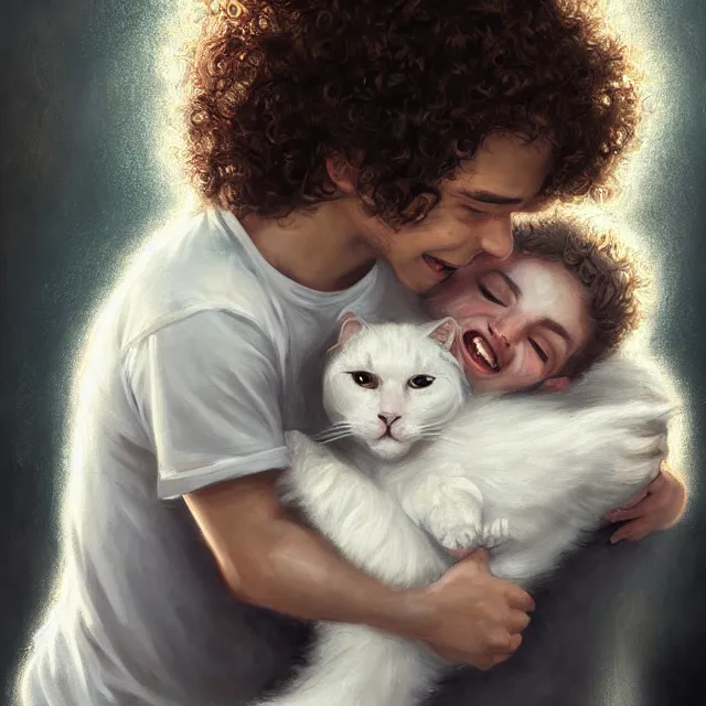 Prompt: portrait of a kind happy young boy with curly hair, hugging a white cat, art by loish, ross tran, ilya kuvnishov, photorealistic face, highly detailed, painting, beautiful moment, radiant light, intricate brush strokes, global illumination, intricate and detailed environment.
