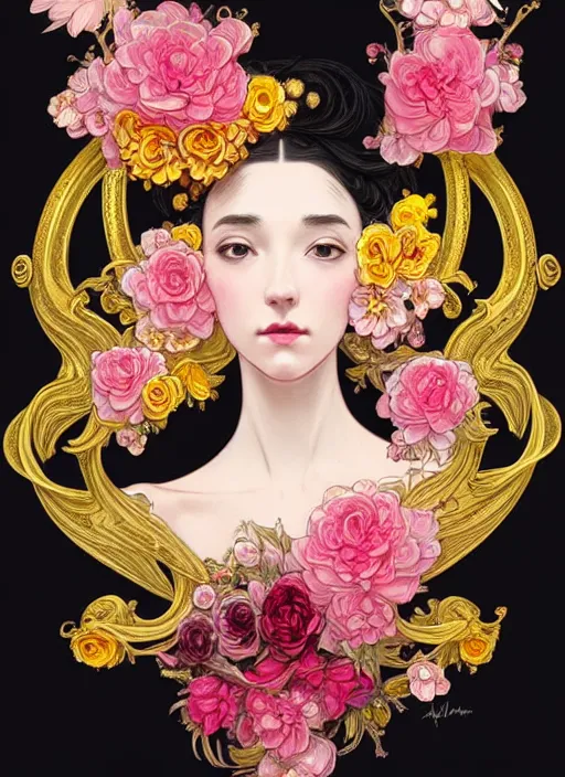 Image similar to beautiful black pink yellow, complicated gold and pink flowers in baroque style headwears, dark fantasy, intricate, elegant, highly detailed, digital painting, artstation, concept art, matte, 3 d 8 k octane rendered, sharp focus, illustration, octane rendered, art by artgerm and alphonse mucha, leesha hannigan