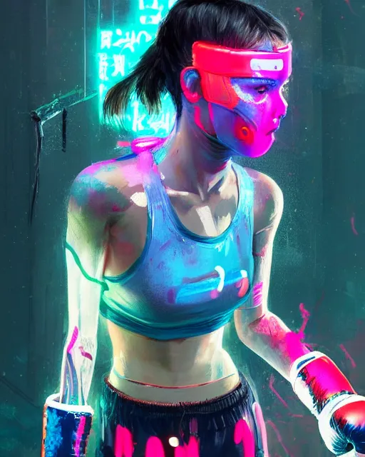 Image similar to detailed portrait Neon boxer Girl, cyberpunk futuristic neon, reflective crop top and shorts, boxing gloves, decorated with traditional Japanese ornaments by Ismail inceoglu dragan bibin hans thoma greg rutkowski Alexandros Pyromallis Nekro Rene Maritte Illustrated, Perfect face, fine details, realistic shaded, fine-face, pretty face