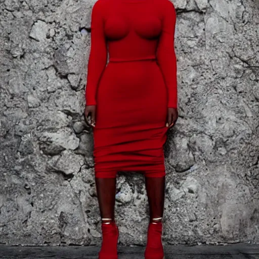 Prompt: kanye west [ wearing a [ red dress ]!! ]!!, [ 4 k photorealism ]!!, fashionable pose!!, fashion photography, 4 k quality, shot by jimmy nelson, paparazzi photo!!