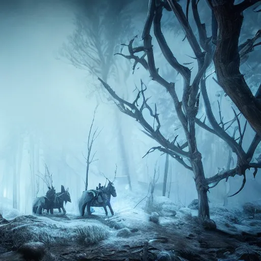 Prompt: the wild hunt, spectres of the night, otherworldly wraiths, bad omens, riding, blizzard chaotic storm, enchanted forest, fog, snow, ice, dreamy, witcher 3, cinematic, breathtaking, vfx, physically based rendering, unreal 5, cgi, concept art, trending in artstation, 8 k, uhd, dark fantasy