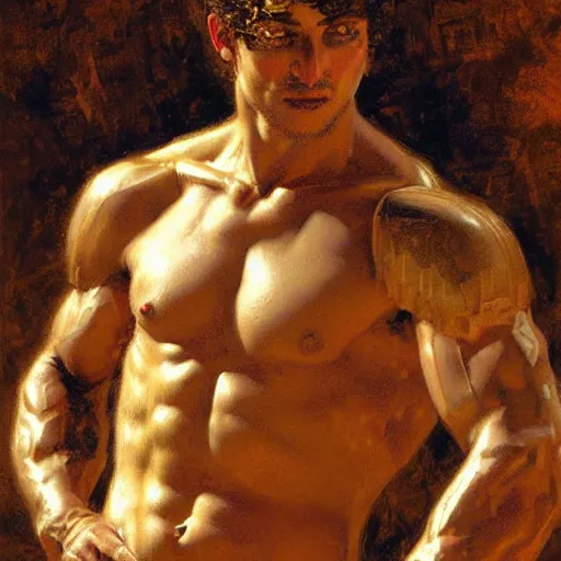 Prompt: Young greek god, muscular, greek armor, detailed face, thighs, painting by Gaston Bussiere, Craig Mullins