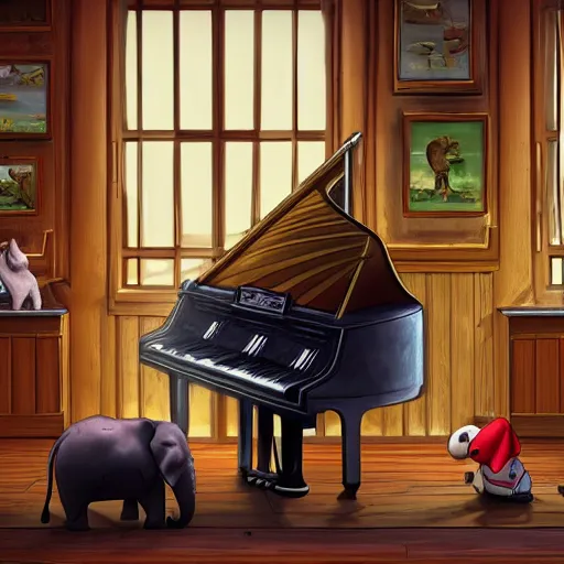 Prompt: An elephant playing the piano for other animals in a bar, details, smooth, sharp focus, illustration, realistic, cinematic, artstation,, award winning, artwork by Akira Toriyama