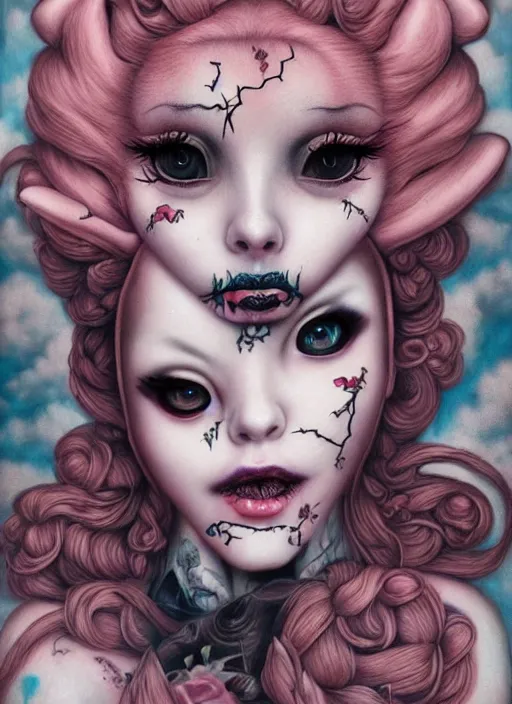 Image similar to pop surrealism, lowbrow art, realistic cute tattooed girl painting, japanese street fashion, hyper realism, muted colours, rococo, natalie shau, loreta lux, tom bagshaw, mark ryden, trevor brown style,