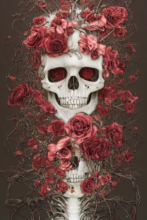 Image similar to roses growing from the skeleton frame, carol, by damien hirst and alexander mcqueen and peter gric and takato yamamoto and zdzisław beksinski and laurie lipton and victo ngai and esao andrews, trending on artstation