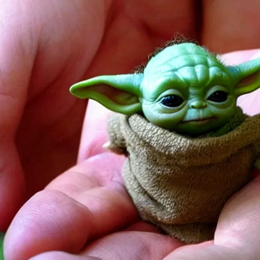 Image similar to a tiny pigmy baby yoda-Shrek hybrid in the palm of a person's hand, super cute