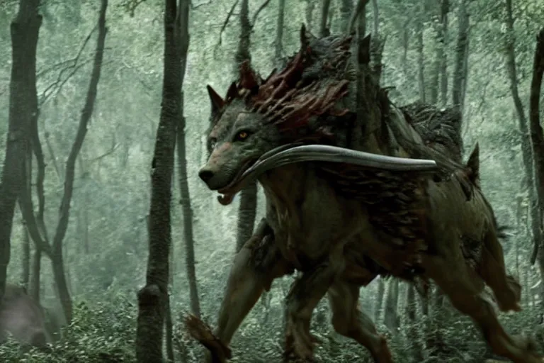 Image similar to vfx movie closeup detailed ancient armored warrior orc hunting riding large wolf in the forest, natural lighting by emmanuel lubezki