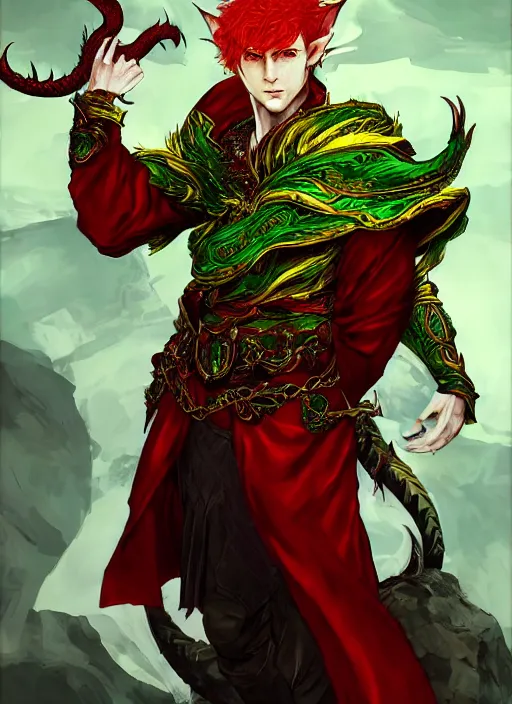 Image similar to Half body portrait of a handsome young red haired elven monk prince with dragon eyes, red, green and gold ornate robe. In style of Yoji Shinkawa and Hyung-tae Kim, trending on ArtStation, dark fantasy, great composition, concept art, highly detailed.