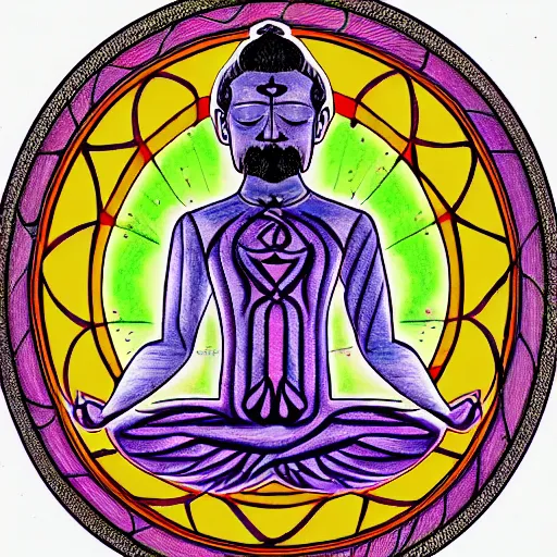 Image similar to colored pencil hatching bold lines sketch of a meditating yogi with ornate sacred geometry linework in the background, album cover hd