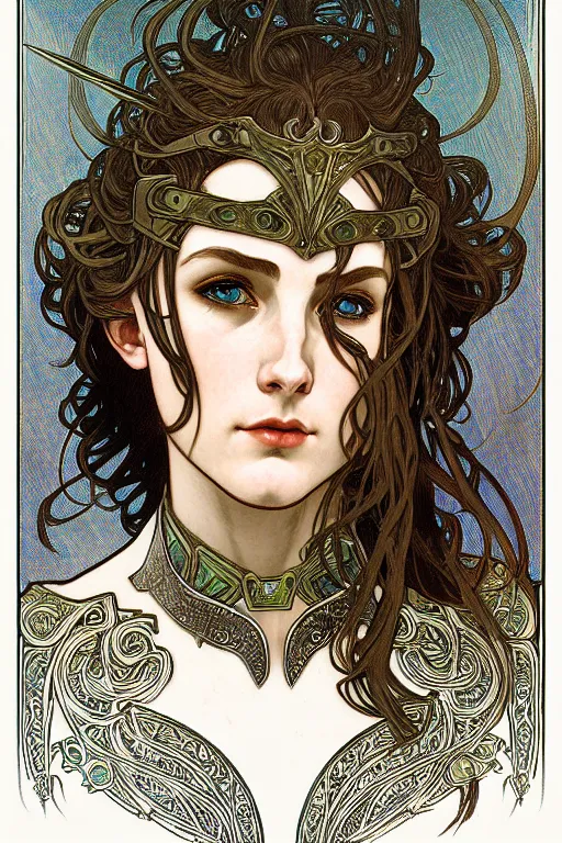 Image similar to head and shoulders portrait of an eldritch knight, elf, beautiful, female, breastplate, magical, high fantasy, d & d, by alphonse mucha, face details, extremely detailed, digital illustration