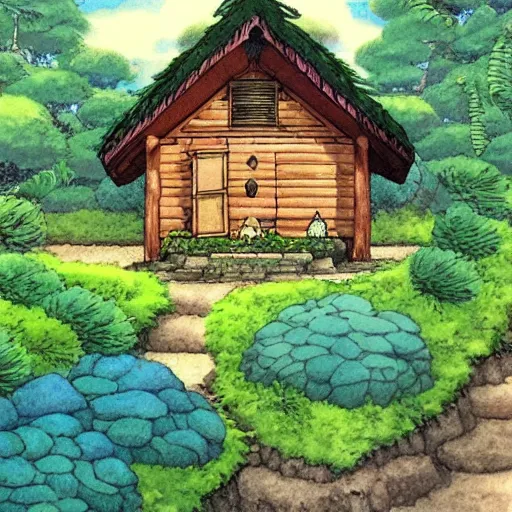 Image similar to studio ghibli hermit cottage by Hayao Miyazaki