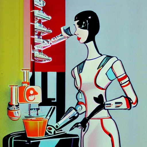 Image similar to retrofuturistic, futuristic style, robot maid serving a drink