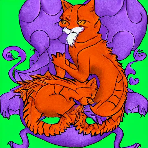 Image similar to purple tiny dragon snuggling orange tabby cat, orange tabby hugging purple tiny dragon