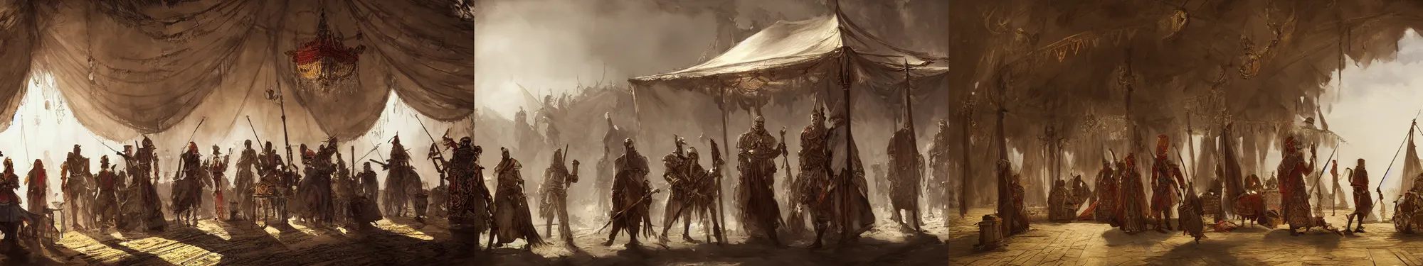 Prompt: group of turkic people talking in a ornate tent, papyrus, watercolored, jakub rozalski, dishonored, artstation