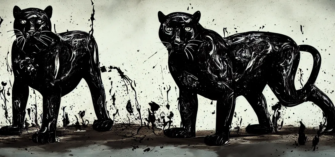 Image similar to a panther, made of tar, in a suburban backyard, sticky, full of tar, covered with tar, dripping tar, dripping tar, splattered tar, sticky tar. concept art, reflections, black goo, animal drawing, desktop background