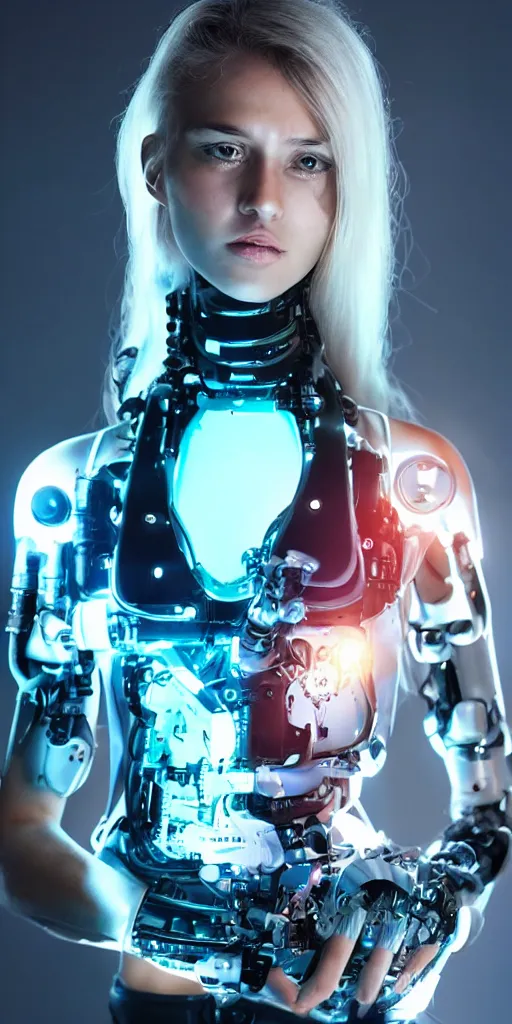 Prompt: a beautiful female android cyborg neon light portrait telephoto lens