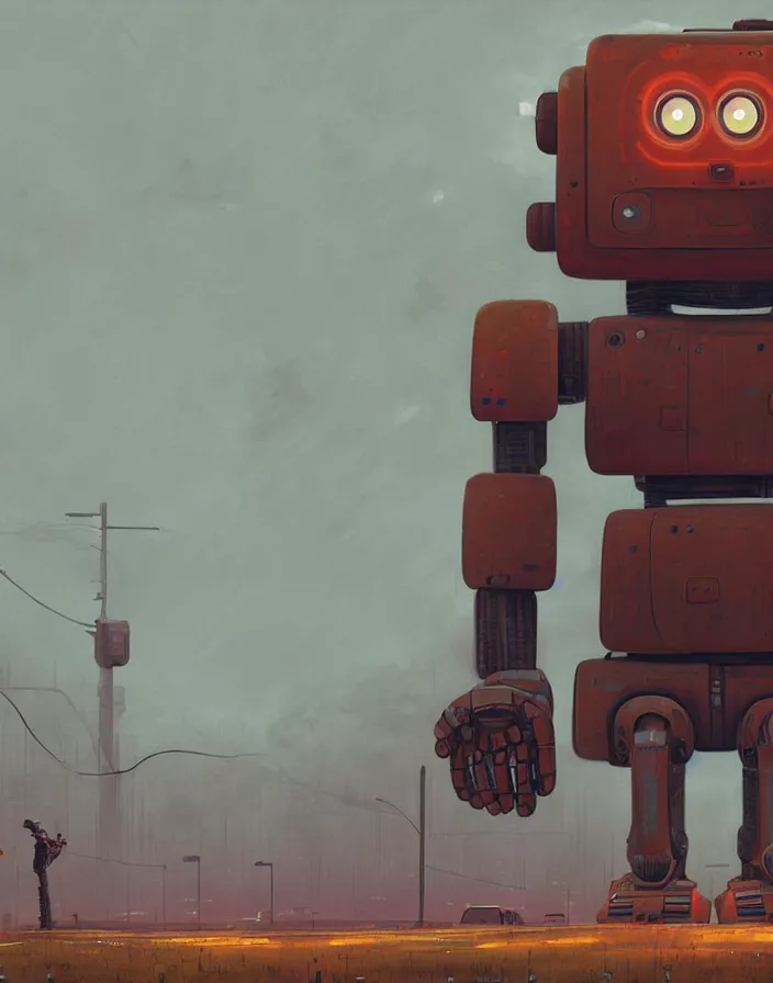 Prompt: giant rusty robot looking at a human, overcast, sci - fi digital painting by simon stalenhag