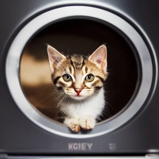 Image similar to a tabby kitten inside a kitchen oven looking at camera, close up