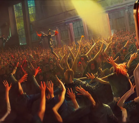 Image similar to 4 punks in school uniform with mohawks stand on stage with guitars and drums and microphones and yell day, foreground fight of ravers and punks, by marc simonetti, tyler edlin, deviantart, ray tracing, octane render, digital art, realistic, high quality, 8 k