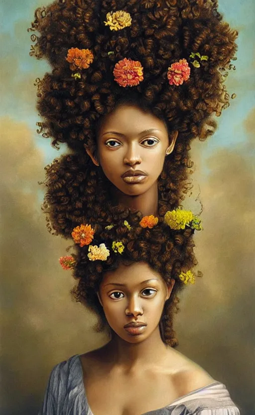 Image similar to surrealism, beautiful black woman with curly hair, holding flowers, hyper realism, muted colours, rococo, highly detailed, realistic, portrait