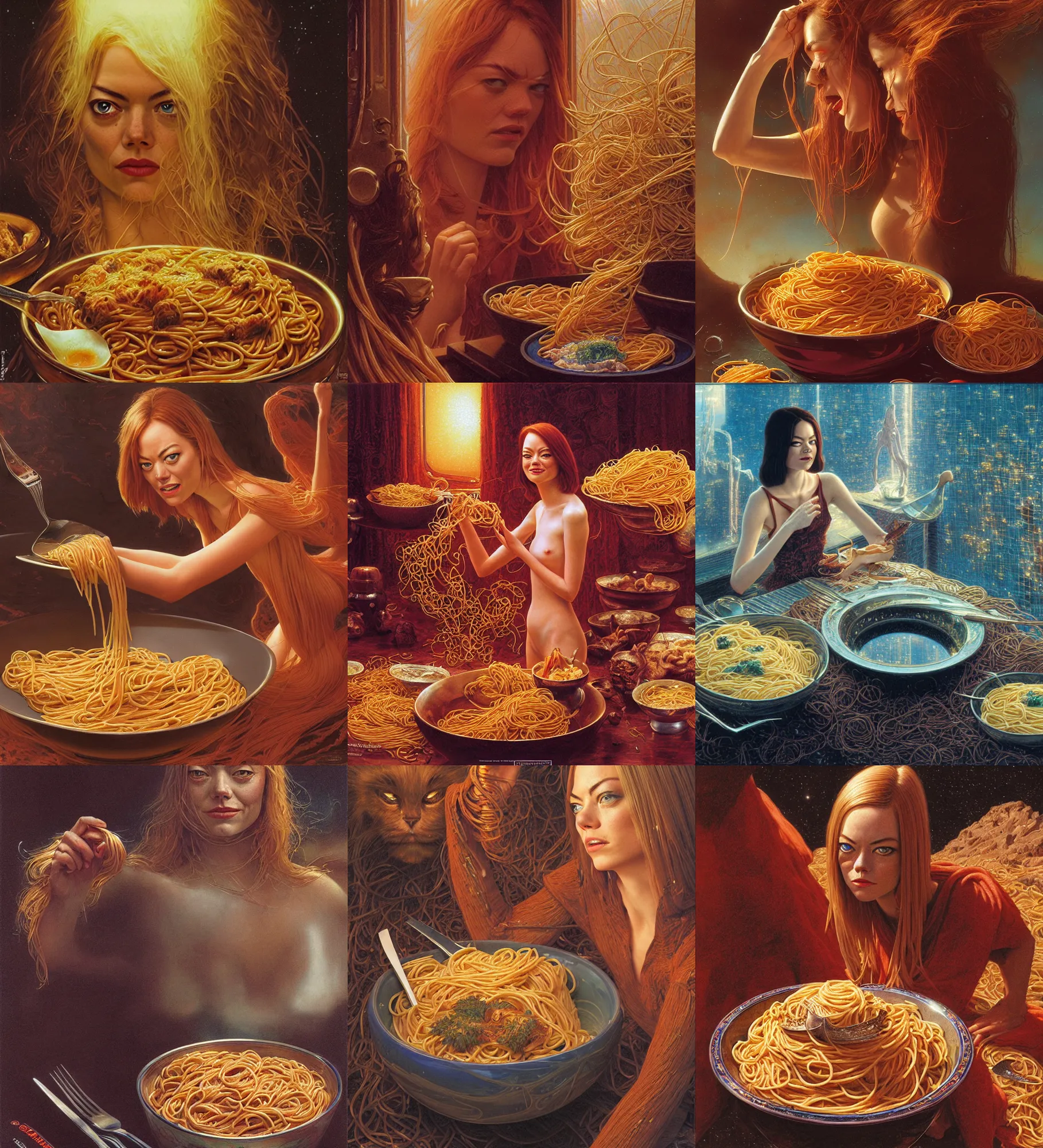 Prompt: a bowl of soom with emma stone's face reflected, spaghetti pasta, epic composition, 2 0 0 mm focal length, donato giancola, tim hildebrandt, wayne barlow, bruce pennington, larry elmore