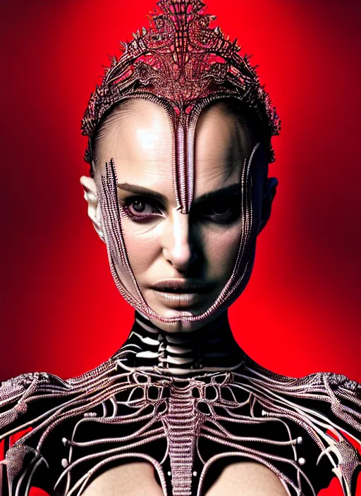 Prompt: portrait of an absurdly beautiful, graceful, sophisticated, fashionable futuristic female skeleton with sections of skin showing, natalie portman, hyperdetailed illustration by irakli nadar and alexandre ferra, intricate linework, faberge, intricate chrome headdress, dark atmosphere, glowing red eyes, unreal engine 5 highly rendered, global illumination, radiant light, detailed and intricate environment