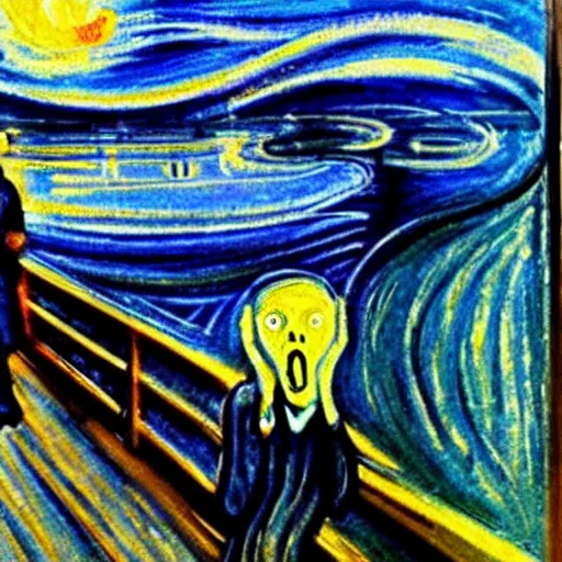 Image similar to painting of edvard munch's the scream with van gogh's the starry night in the background, detailed