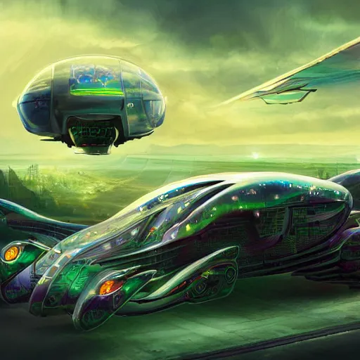 Image similar to solarpunk hovercar, clean energy, green technology, highway, sunny day, futurism, intricate, engines, glow, highly detailed, drone wings, peaceful, utopia, bright, digital painting, artstation, concept art, smooth, sharp focus, epic landscape, art by akihiko yoshida and tim mcburnie and anato finnstark