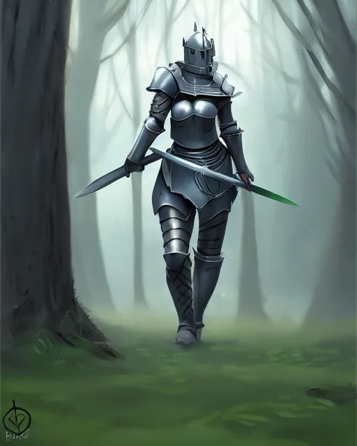 Image similar to concept art of a thicc female knight, wearing heavy medival knight armor, holding a long sword, walking through a foggy oak forest | | epic - fine - clean, polished, trending on artstation, brush strokes