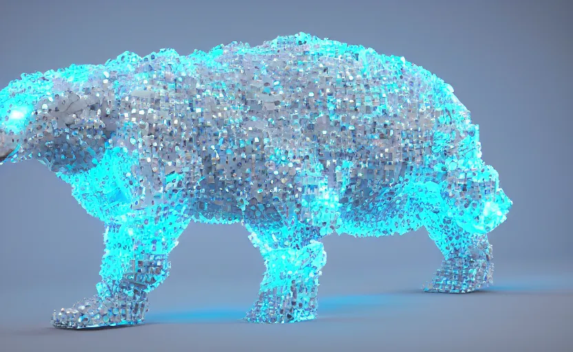 Prompt: polar bear as alow poly, kevlar, octa core, watercooled plates with crystal elements as a power source with an arctic-based, geometric backdrop; led, robotic, abstract, front profile shot, cycles render, 4k