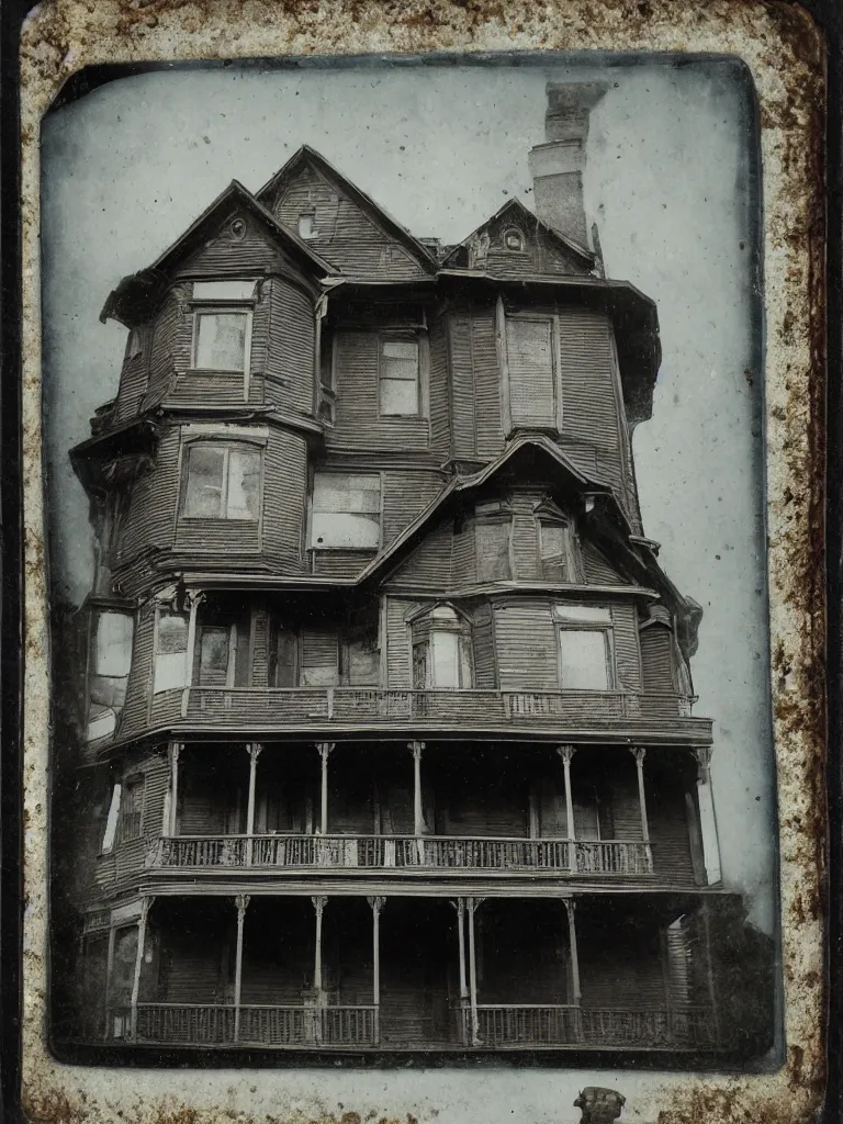 Image similar to tintype photograph. beautiful exterior view of an old victorian house. a creepy man's face is in the window