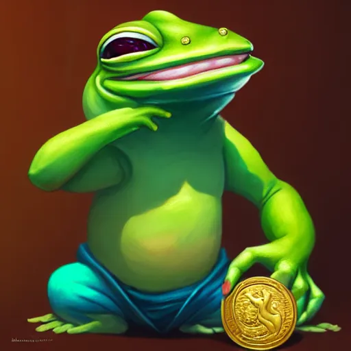 Image similar to super rich happy pepe, luxury, treasury, coins, money, hyper detalied, blue crystals, greg rutkowski, artstation