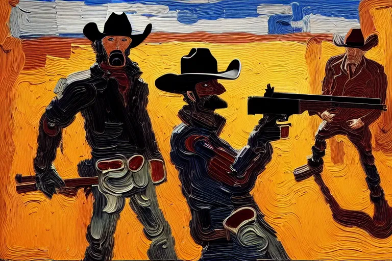 Image similar to an extremely detailed masterpiece painting of a cowboy gunslinger facing off a professional gunslinger from a low angle in tucson, in the style of frank auerbach, epic scene, tensive mood