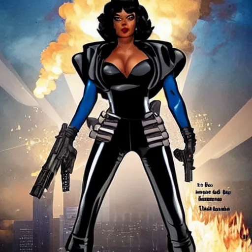 Image similar to Domino from Marvel Comics with Mia Khalifia face,