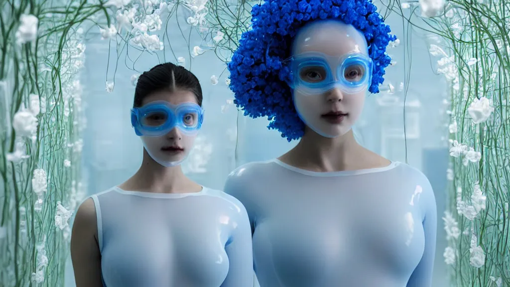 Image similar to symmetrical portrait of a woman wearing a blue embroidered translucent silicone mask and white frizzy hair buns, wearing a black bodysuit, standing in a sterile room full of translucent silicone white flowers and plants, white background, soft diffused light, biotechnology, humanoide robot, futuristic aesthetic, translucent, ethereal, intricate details, highly detailed, masterpiece,